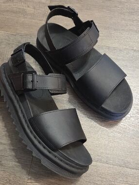 Dr Martens • SoftWair Black Open-Toe Platform Slide Sandals With Buckle Straps